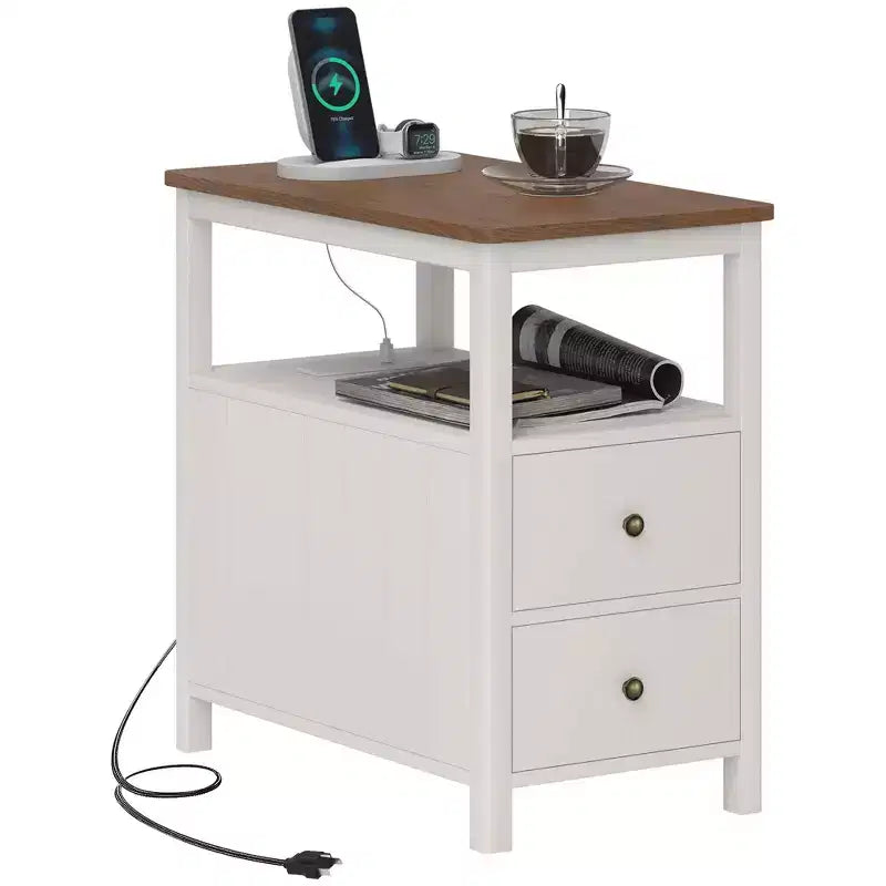 Tavolino stretto con stazione di ricarica e porte USB per soggiorno, tavolino moderno con cassetti e ripiano