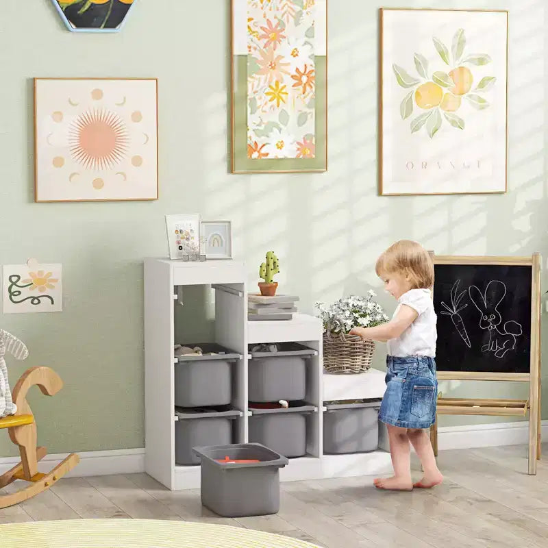 Organizzatore per giocattoli per bambini con 6 contenitori e 3 livelli, libreria giocattolo per bambini dai 3 agli 8 anni, per sala giochi, camera da letto, grigio
