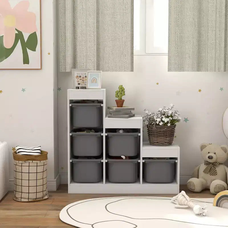 Organizzatore per giocattoli per bambini con 6 contenitori e 3 livelli, libreria giocattolo per bambini dai 3 agli 8 anni, per sala giochi, camera da letto, grigio